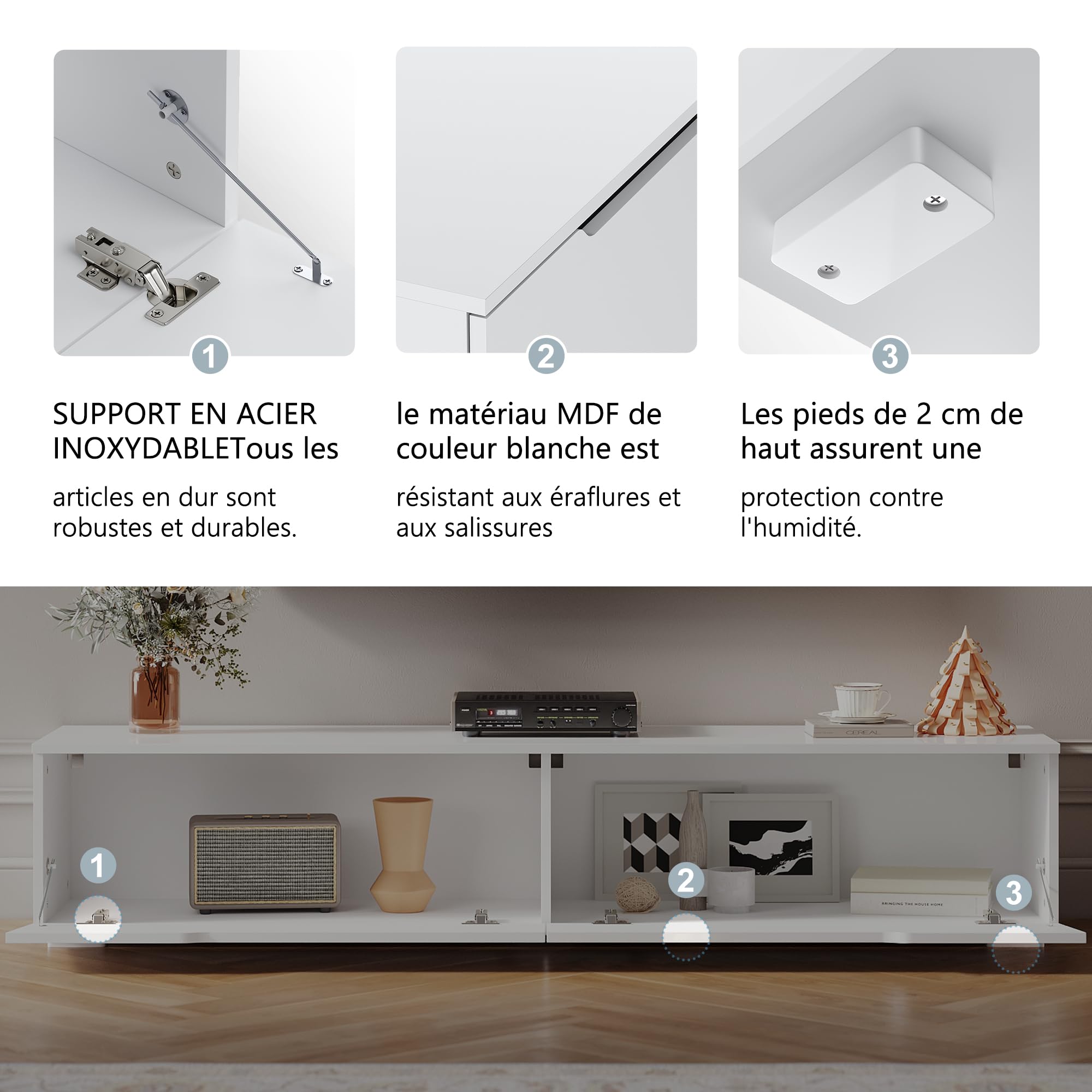 SIRHONA Meuble TV LED Blanc Laqué éclairage LED avec 16 Couleurs Ajustables, Plateau TV Haute Brillance, sur Pied ou Suspendu, pour Le Salon ou La Chambre à Coucher