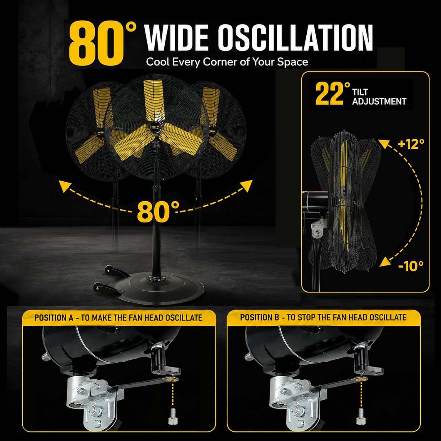 HiCFM 30 inch IP44 Outdoor Oscillation Pedestal Fan, 1/3 HP Powerful Sealed Motor, Base Wheels & Stand Adjustable, High-Velocity Industrial Shop Fan with Misting Kit