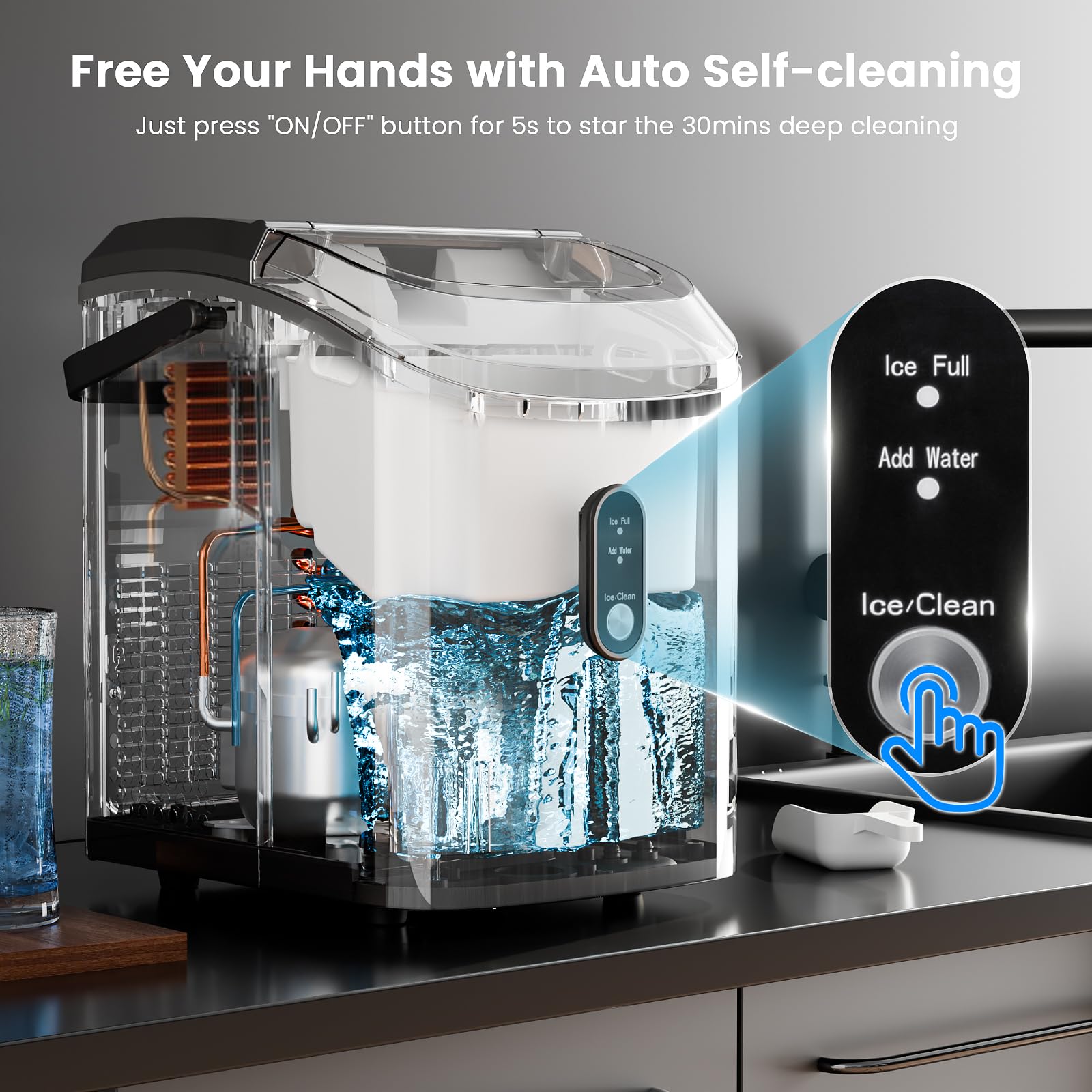 Soft Chewable Nugget Ice Maker, 35lbs/24hrs, Self-Cleaning Countertop Pebble Ice Machine With Basket & Scoop For Home, Bar, Or Entertaining,Black on Fridge.com - View 6