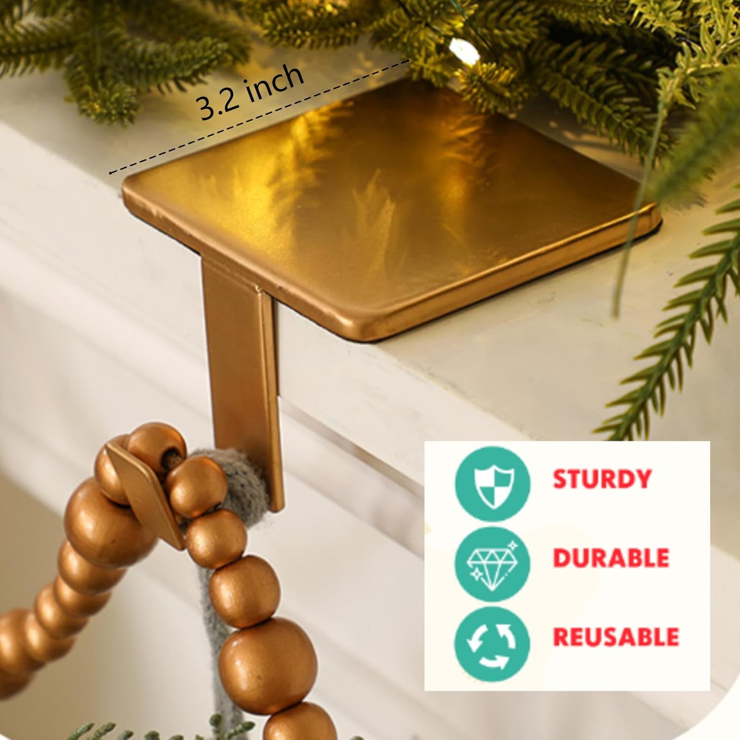 MorningRo 6 Pack Christmas Mantel Hooks for Hanging Garland Heavy Duty Mantel Hanger for Garland Fireplace No Drilling Required Stocking Hanger for Counter Table Fireplace Decoration (Brass-Colored)