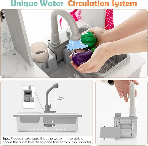 Miniatura 3 de HONEY JOY Juego de cocina esquinera para niños, cocina de madera para niños pequeños, campana extractora, circulación de agua, dispensador de agua,