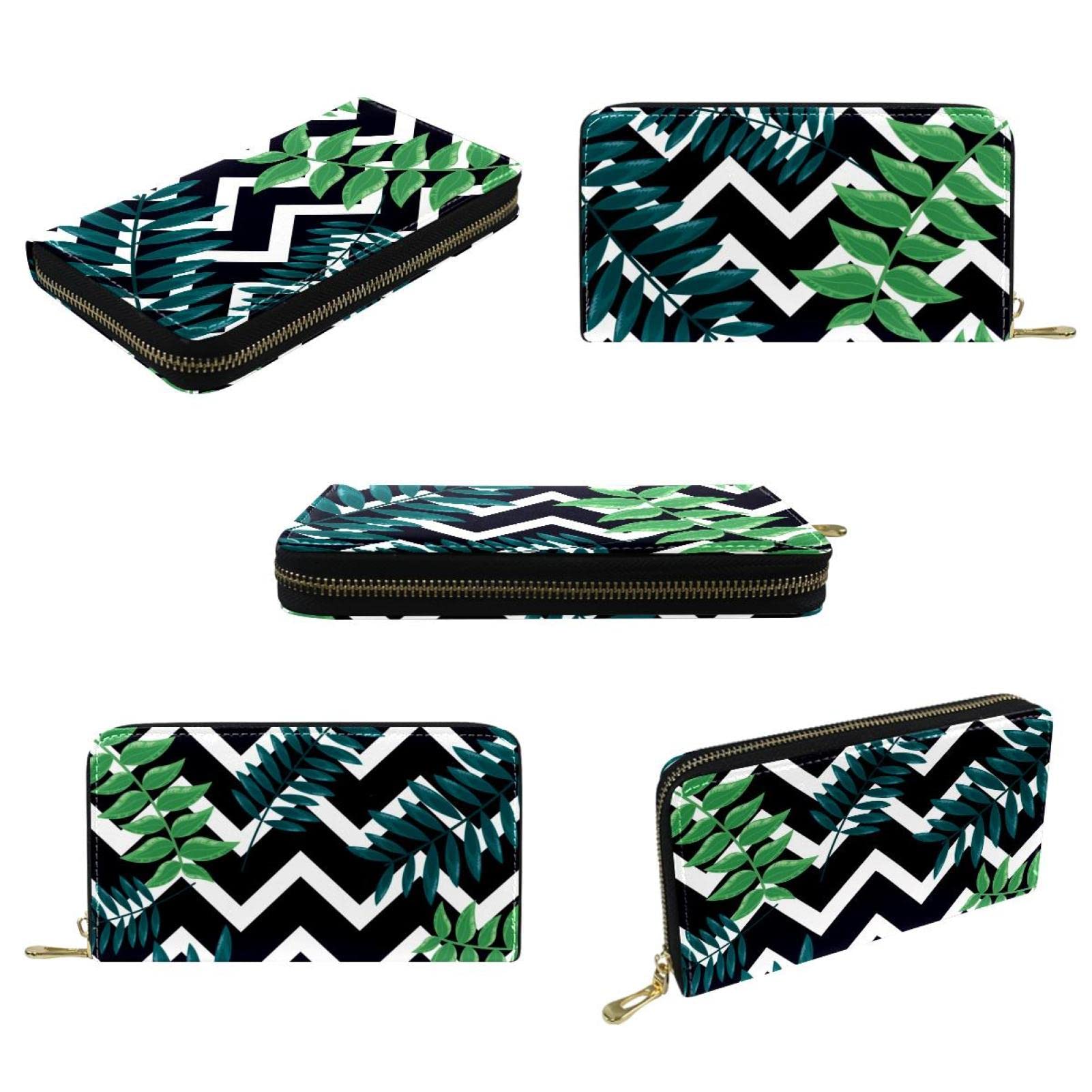 Cartera de cuero con cremallera larga con hojas tropicales oscuras en zigzag blanco y negro, Varios colores, 20.5x2.5x11.5cm/8.07x1x4.53 in, Classic