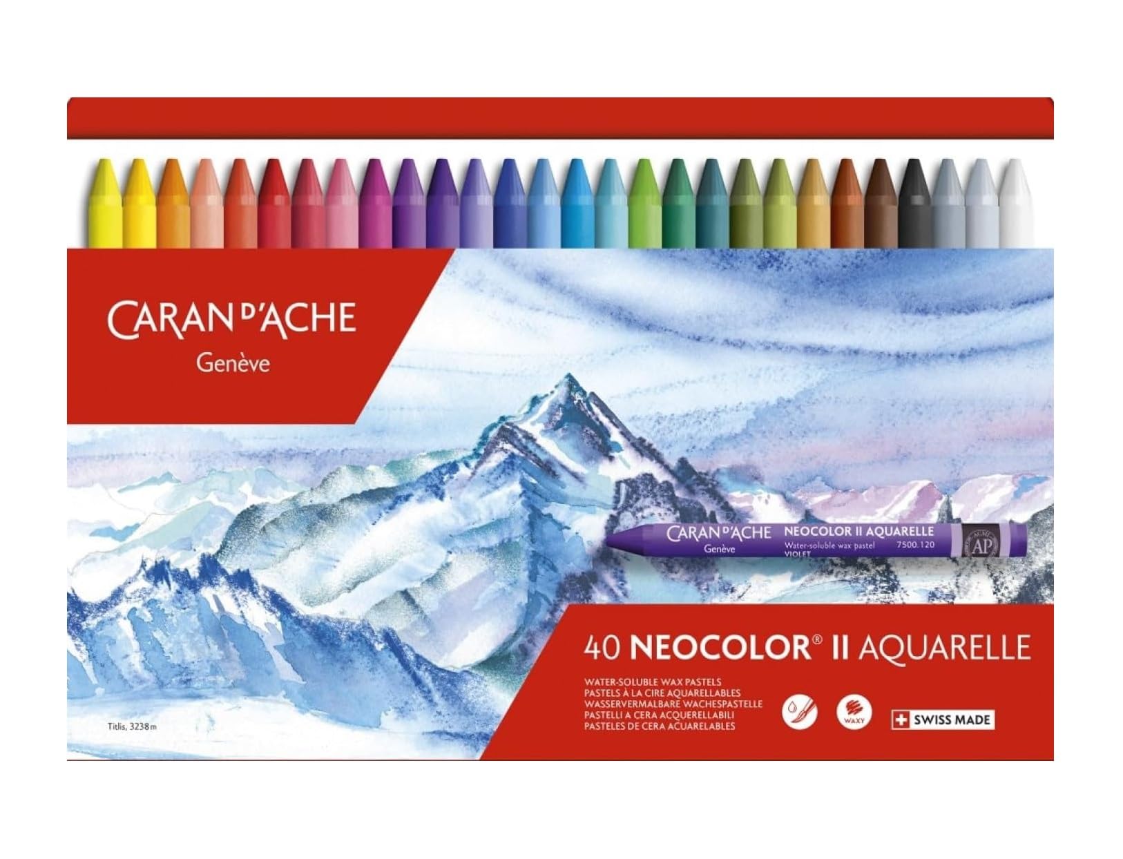 Caran d'Ache Neocolor II, Wachspastellkreiden, Aquarellstifte, 40 Stück und 1 EMI Craft Postkarte