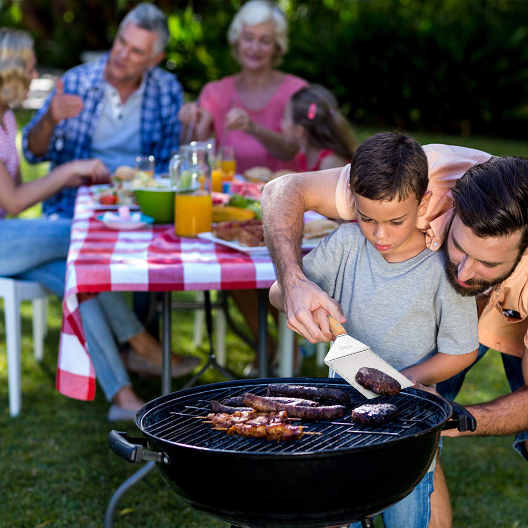 Skyflame Zestaw do burgerów 3 w 1, prasa do burgerów ze stali nierdzewnej, szpatułka do grillowania i żeliwna myjka, zestaw akcesoriów do grillowania wewnątrz i na zewnątrz