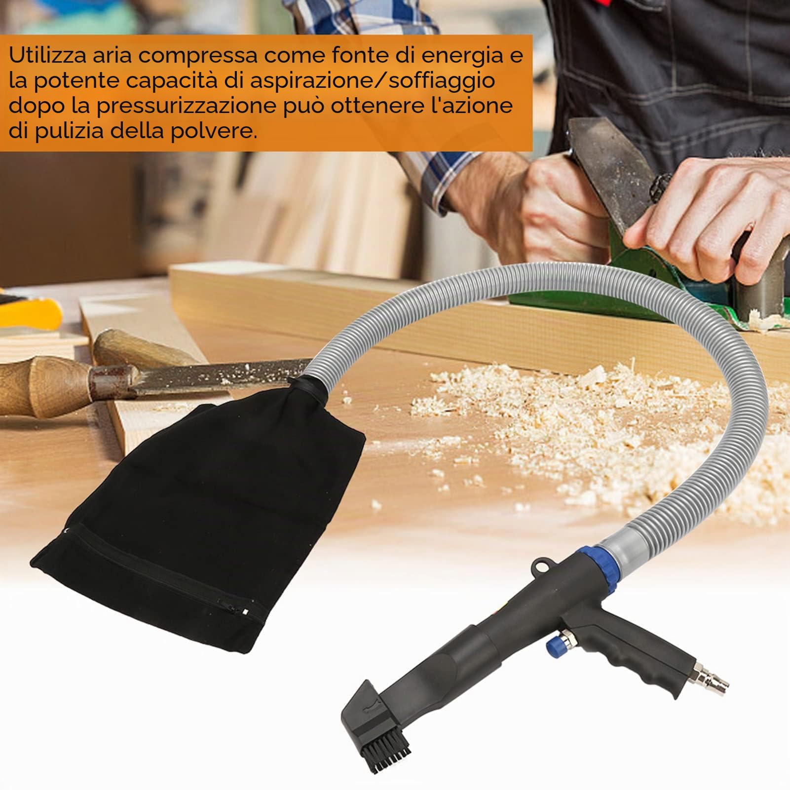 Kit Pistola ad Aria Compressa, Compressore Spolverino con Pistola Pulizia Soffiaggio/Aspirazione, Tubo Estrazione 100 cm, 3 Diversi Attacchi per Ugelli e Sacchetto per la Conservazione della Polvere