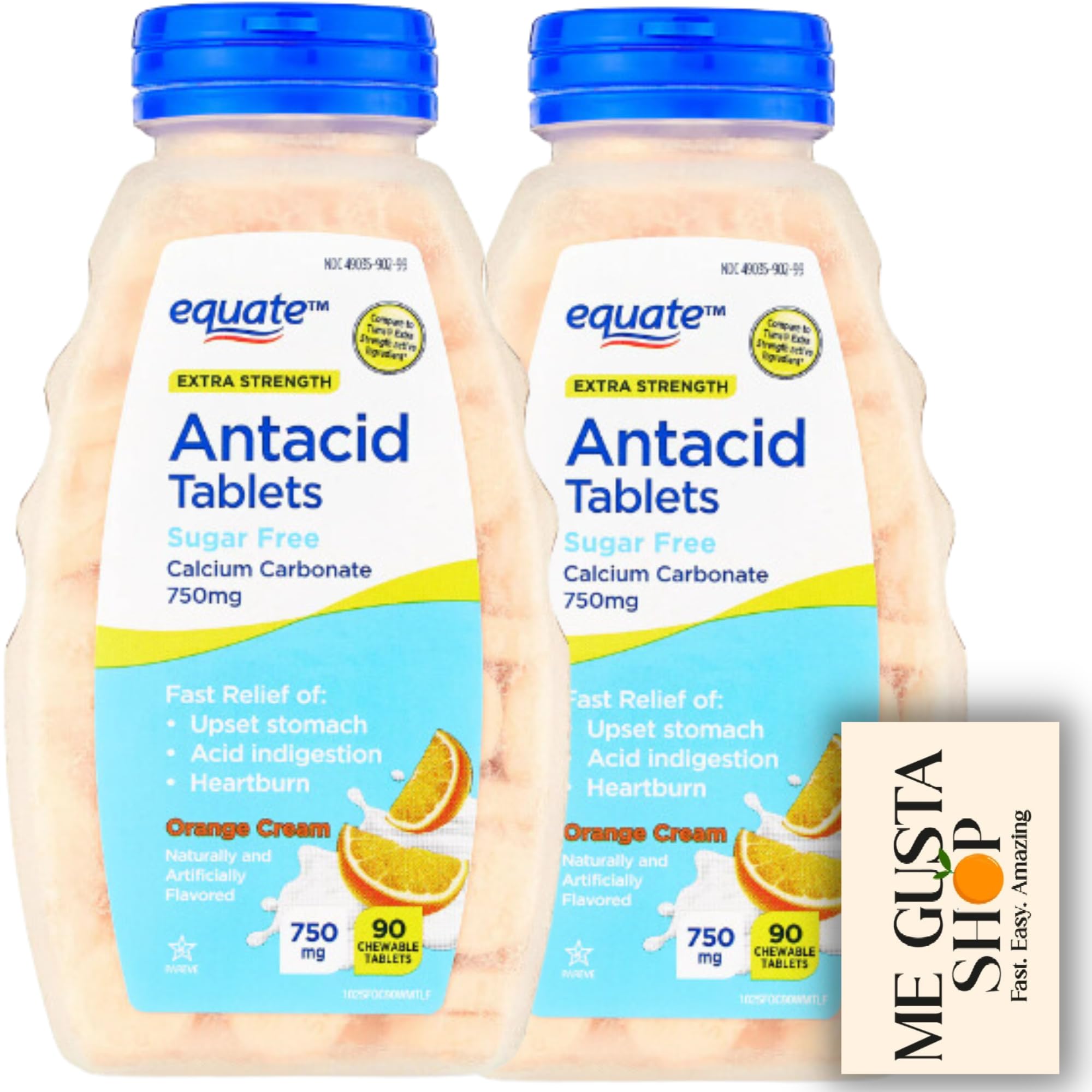 Extra Strength Sugar-Free Antacid Chewable Tablets, Orange Cream 750 mg 90 Count, Pack of 02 Total 180 + me Gusta Sticker