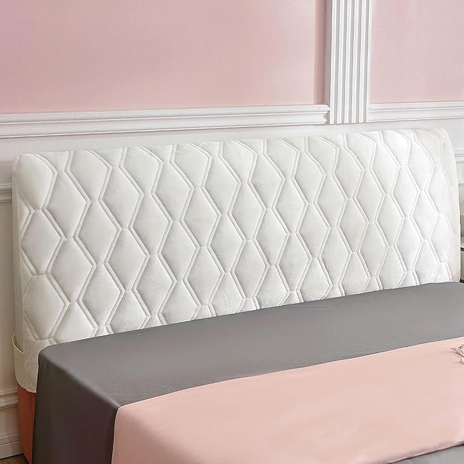 Velvet Bed Headboard Cover for Full Queen Cal King Size, Quilted Bed Headboard Slipcover Thicken Dustproof Headboard Padding Protector Cover (White,220cm(86"))