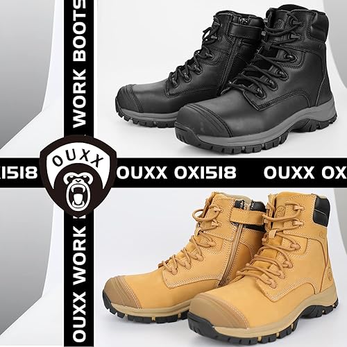 Miniatura 6 de OUXX Botas de trabajo para hombres, impermeables, punta de acero YKK con cremallera antideslizante de cuero, a prueba de pinchazos, transpirables,