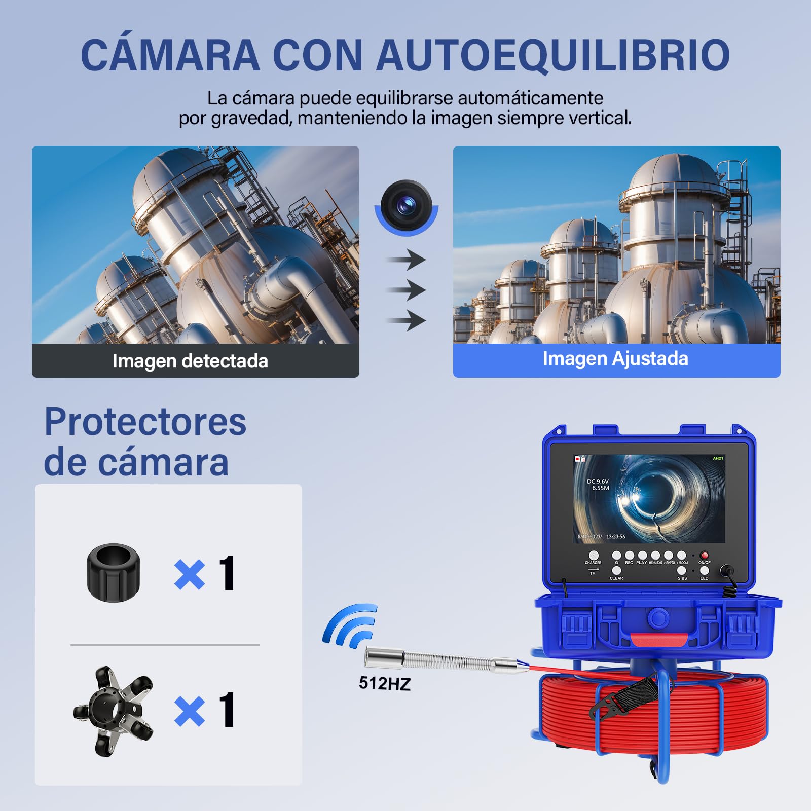 Cámara Endoscópica 9" Monitor Cámara Inspección de Tuberías con Nivelación Automática DVR Grabación de vídeo y Audio con Contador de Metros 30m