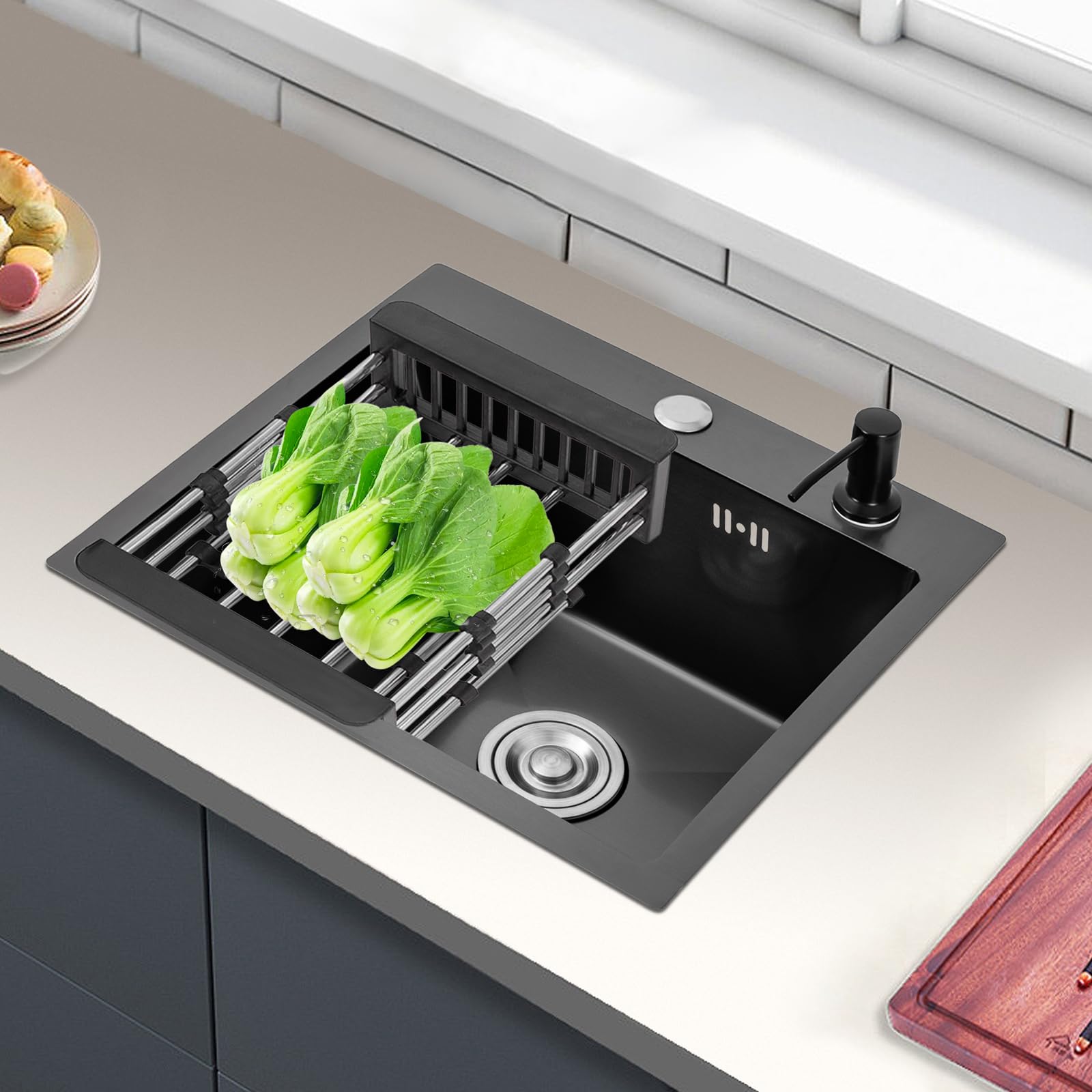 Lavello da incasso, 40 x 45 cm, in acciaio inox, rettangolare, da incasso, set completo, cucina singola, nero (lavello, dispenser di sapone e cestello di scarico)