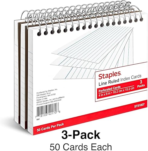 Miniatura 2 de STAPLES TRU RED - Tarjetas de índice de 4 x 6 pulgadas, forradas, blancas, 50 cartas/paquete, 3 paquetes (TR51007)