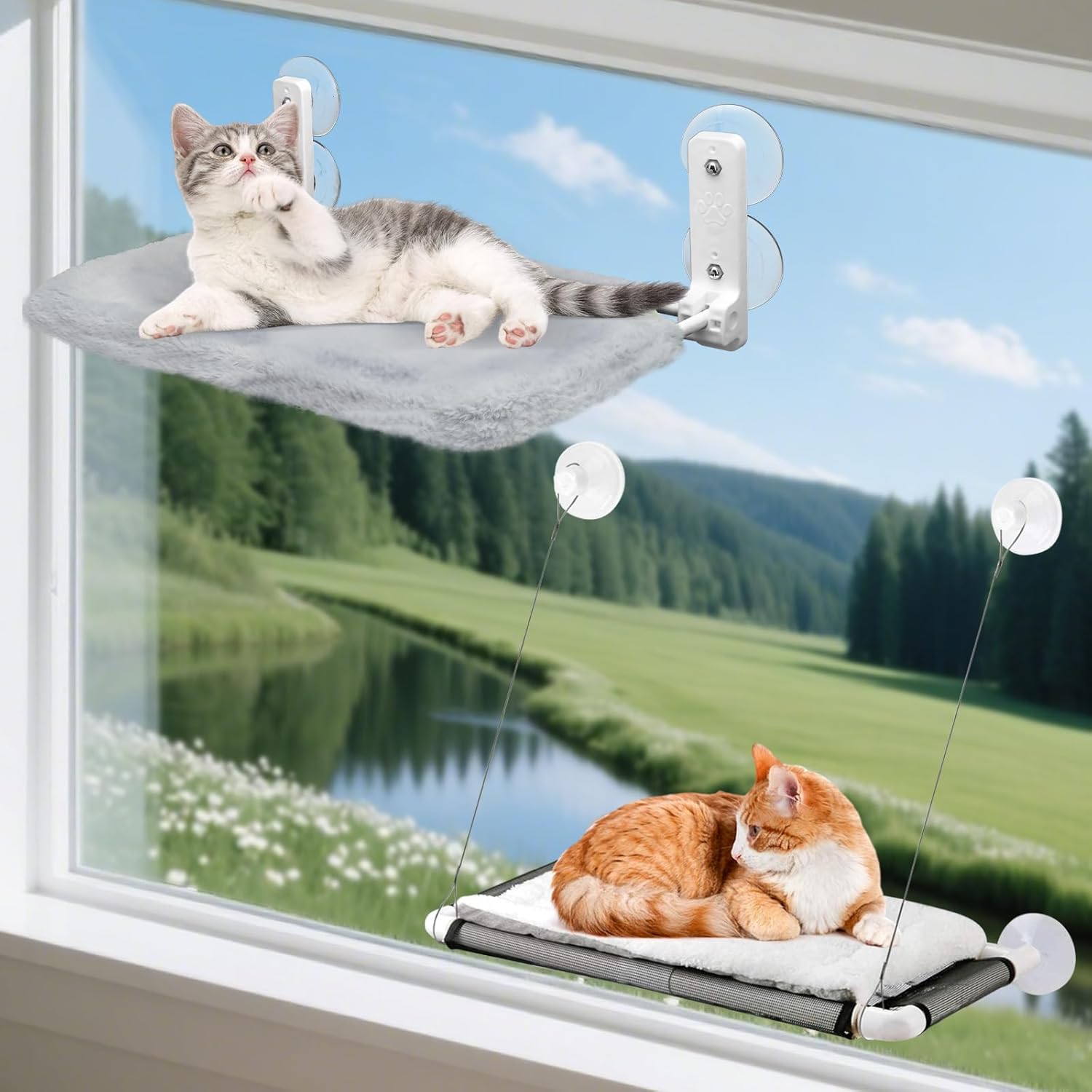 Cat Window Perch, Hammock Window Seat w/Free Fleece Blanket White & Cordless Foldable Hammock Bed for Large Cat 2-in-1 Breathable & Plush Cushion Reversible Cover Resting Seat Indoor Grey