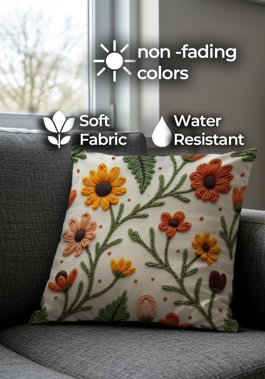 Artvibe Decorative Throw Pillow Covers 17x17 inch, Autumn Floral Punch Embroidered Pattern, Digital Printed, Set of 4, Orange Yellow