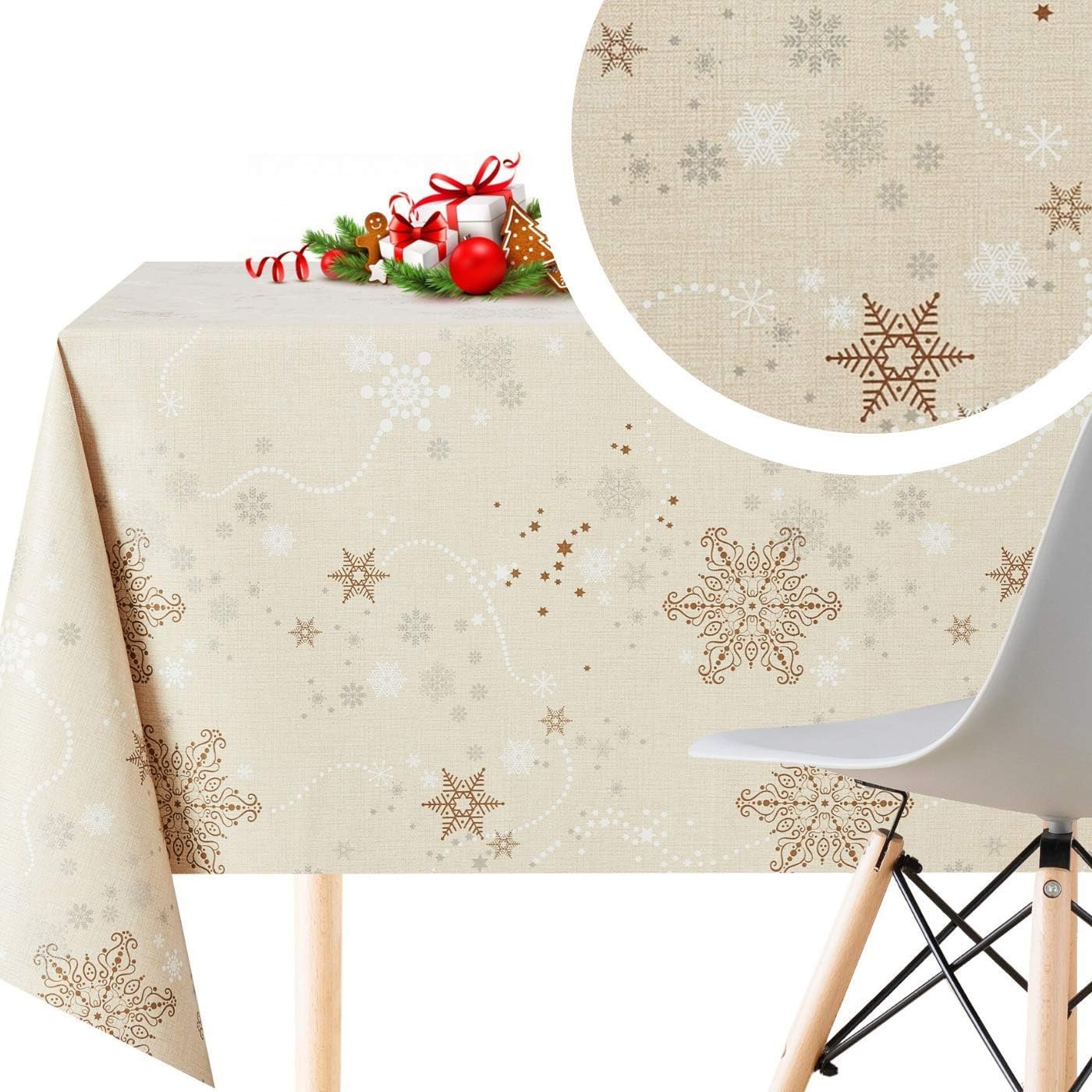 KP HOME Mantel Hule Navidad Creme Rectangular Estilo Copo de Nieve de PVC Fácil de Limpiar - 200 x 140 cm - Mantel Rectangular de Vinilo Plástico Fácilmente Limpiable con Diseño de Navideno