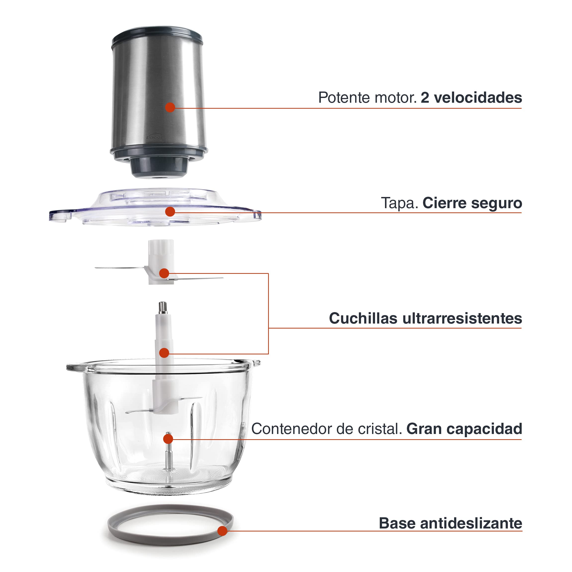 LACOR - 69077 - Cortador Automático, Picador de Alimentos, Picadora con Cuchillas de Ultra-Resistentes, Libre de BPA, 2 velocidades, 300 W, 1,2 L