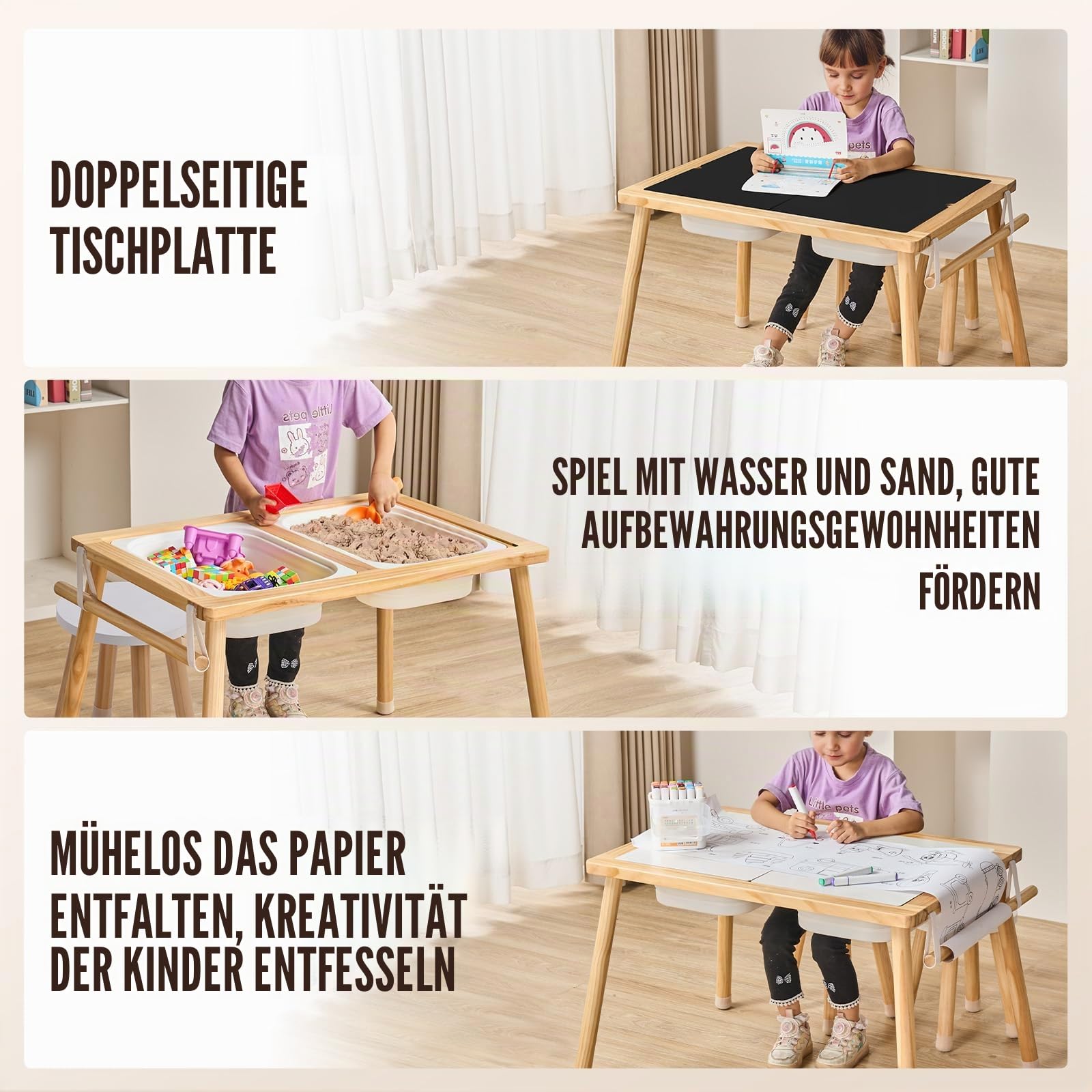 VEVOR Sensorisches Tischset Aktivitätstisch Kindersitzgruppe und Sand-und Wasserspieltisch mit 2 Hockern & 2 Aufbewahrungsbehältern & Papierrollenhalter, Kindertisch Holz – Geschenk für Kinder