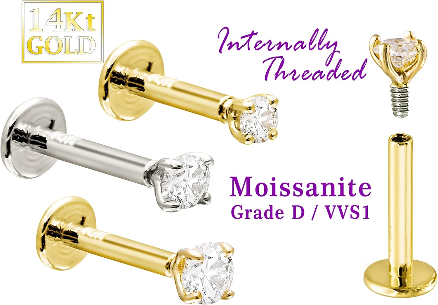 Jewelry Avalanche 6mm-8mm Post 16G Labret Stud Solid 14Kt Yellow Gold/White Gold with Moissanite Gemstone sizes 2mm-3mm Internally Threaded - Sold per piece!