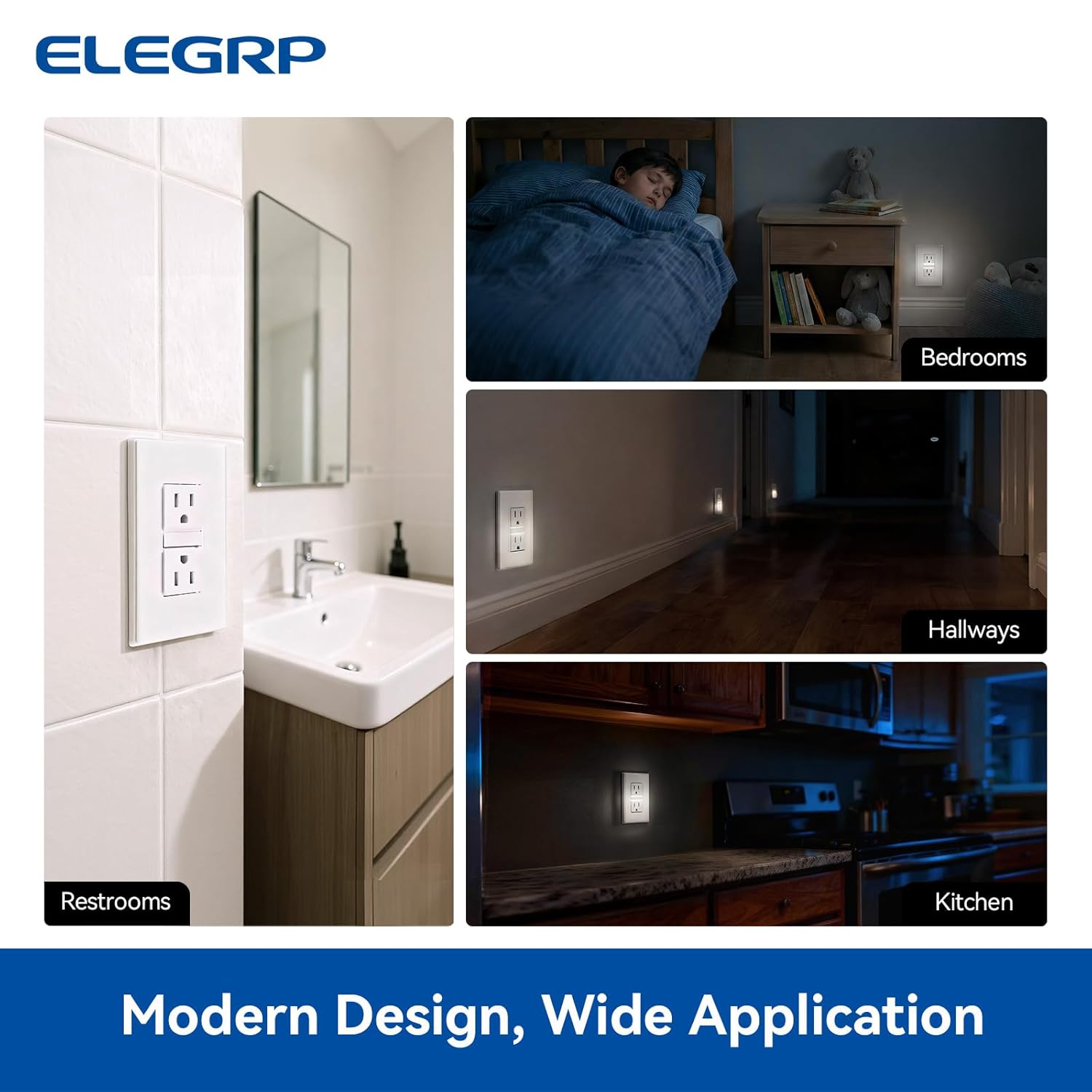 ELEGRP Decorative Outlet Night Light, Electrical Wall Outlets with Built in Led Guidelight 6000K, Tamper Resistant Receptacle, 15 Amp 125 Volt, Plate Cover Included, Matte White, 4 Pack
