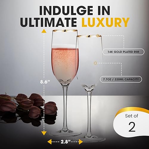 Miniatura 3 de Copas de champán de alta calidad, copas de champán de cristal con borde dorado, 7.7 onzas cada una (juego de 2)