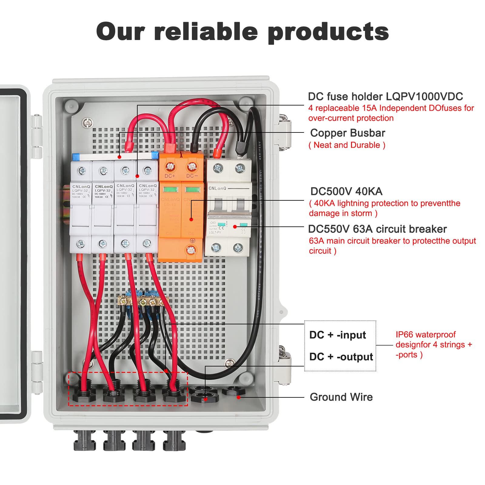 Jadeshay 4 String Solar PV-Kombinationsbox 500V 4 in 1 Out Wasserdicht Solar PV Combiner Box 63A Leistungsschalter for Solar Panel System