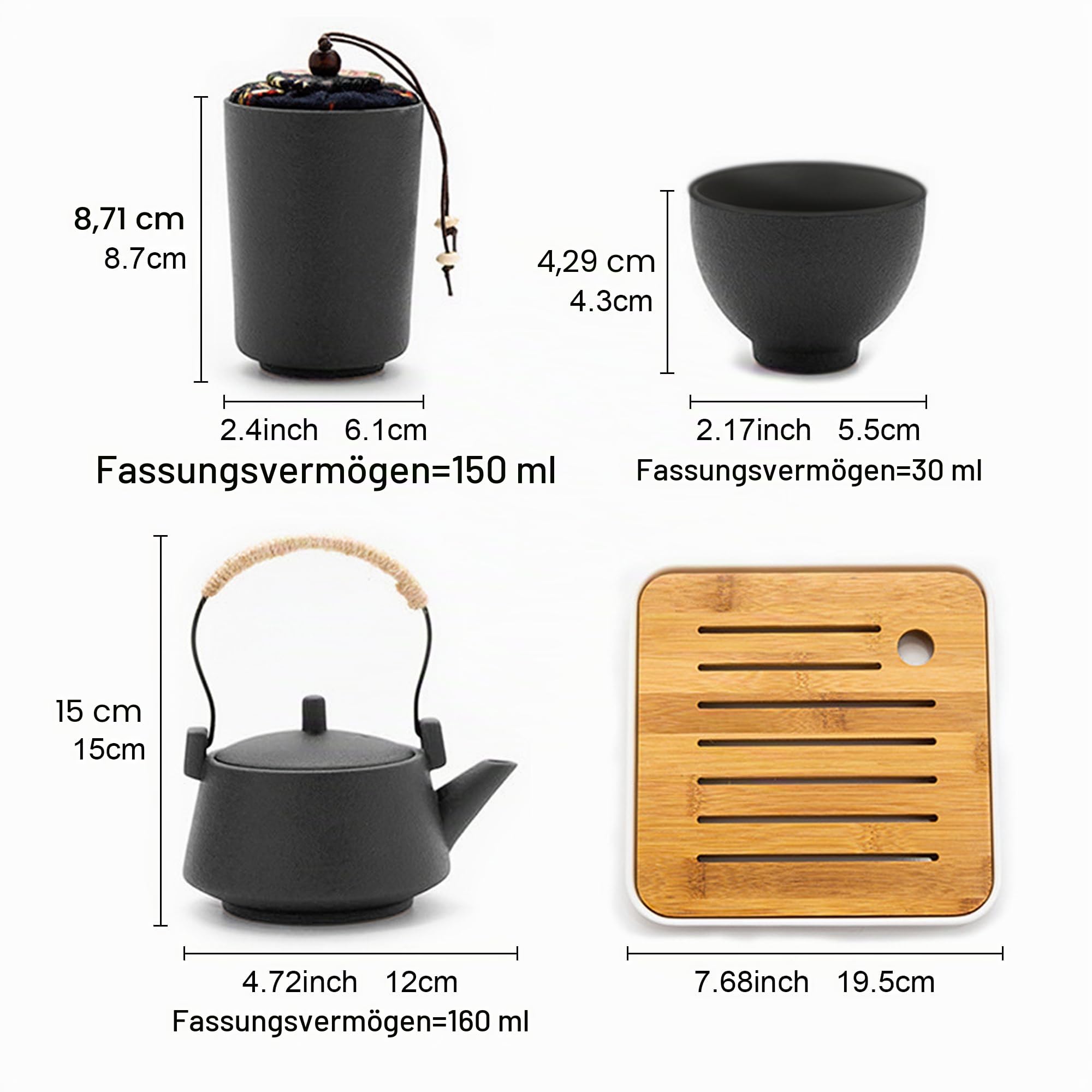 fanquare Japanisches Tragbare Reise Tee Set mit Reisetasche, Schwarz Porzellan Tee Service mit Teekanne, Mini Chinesisch Tee Set für Erwachsene, Geschenke Männer