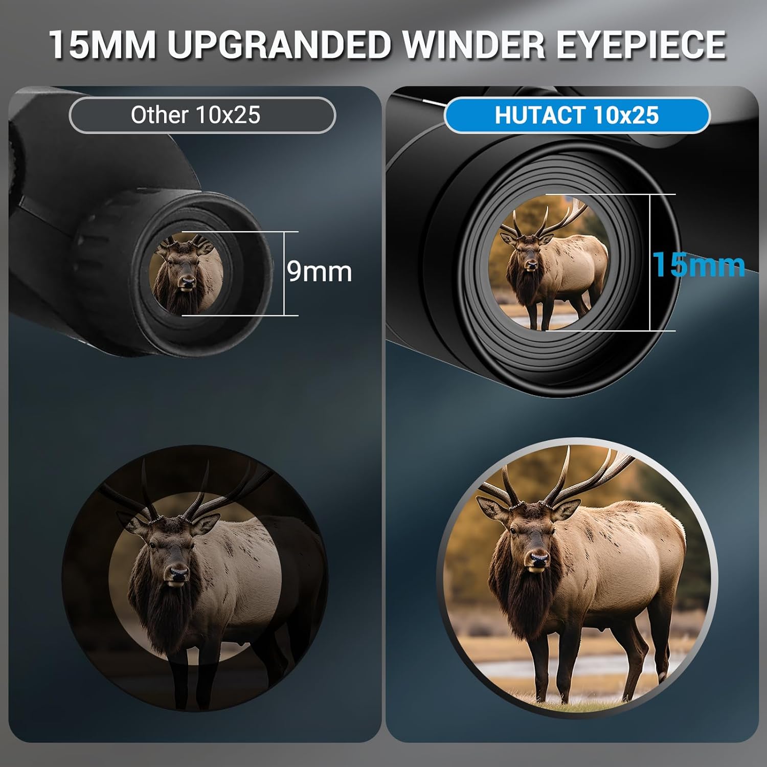 Comparison of 15mm upgraded eyepiece vs other 9mm eyepiece, showing wider field of view