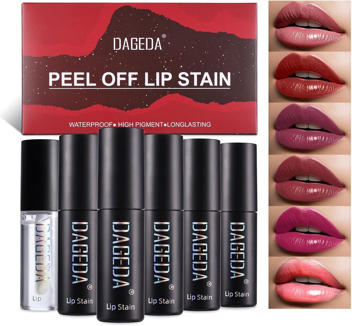 Prreal Set van 5 kleuren peel-off lipvlekset, tattoo lipvlek inkt met vochtinbrengende lipolie, sterk gepigmenteerd, waterdicht, langhoudende peel-off lipliner vlek, matte finish lipmake-up