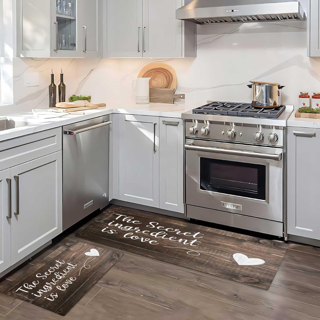 Love Kitchen Mat [2 PCS] Cushion Kitchen Rug, Non-Slip mat Flannel Secret Love Theme Rug, for Kitchen, Floor, Office, Sink, Laundry Room Decoration 17"x 47"+17"x 24"