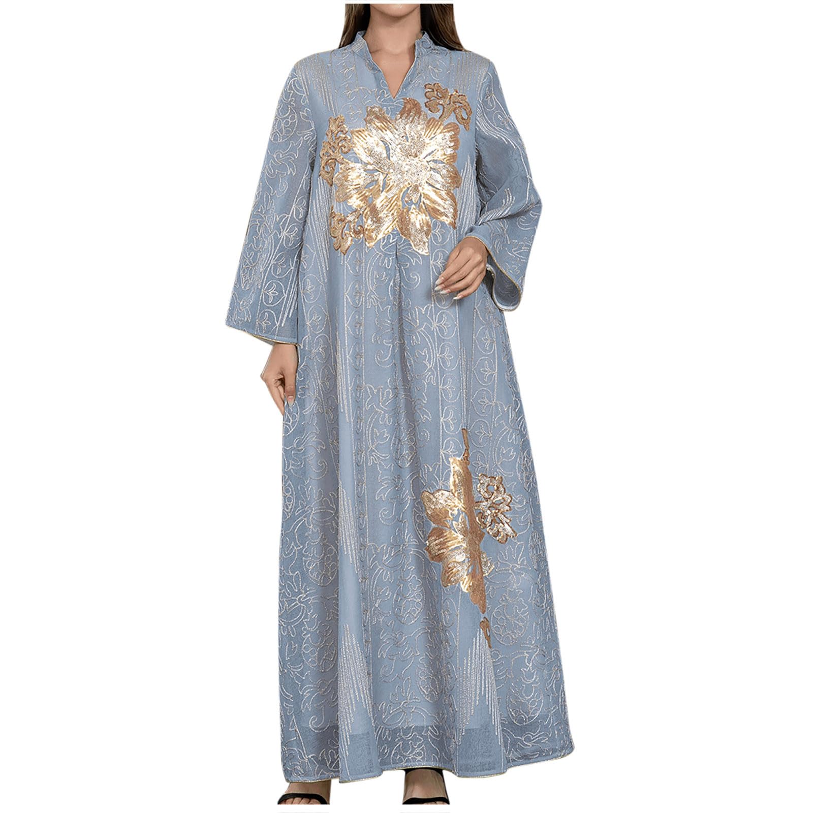 Generic Vestido largo de cuello redondo para mujer, para otoño y verano, holgado, largo, victoriano, musulmán, 2024