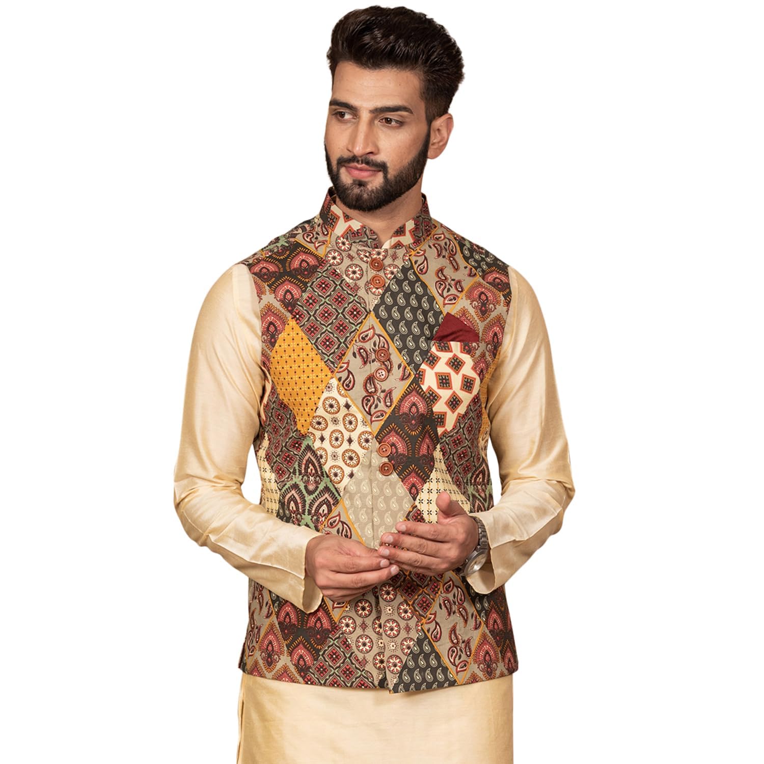 Men Beige Mustard Yellow Printed Nehru Jacket Ethnic Festive Waistcoat Cotton, Regular Fit-image-35