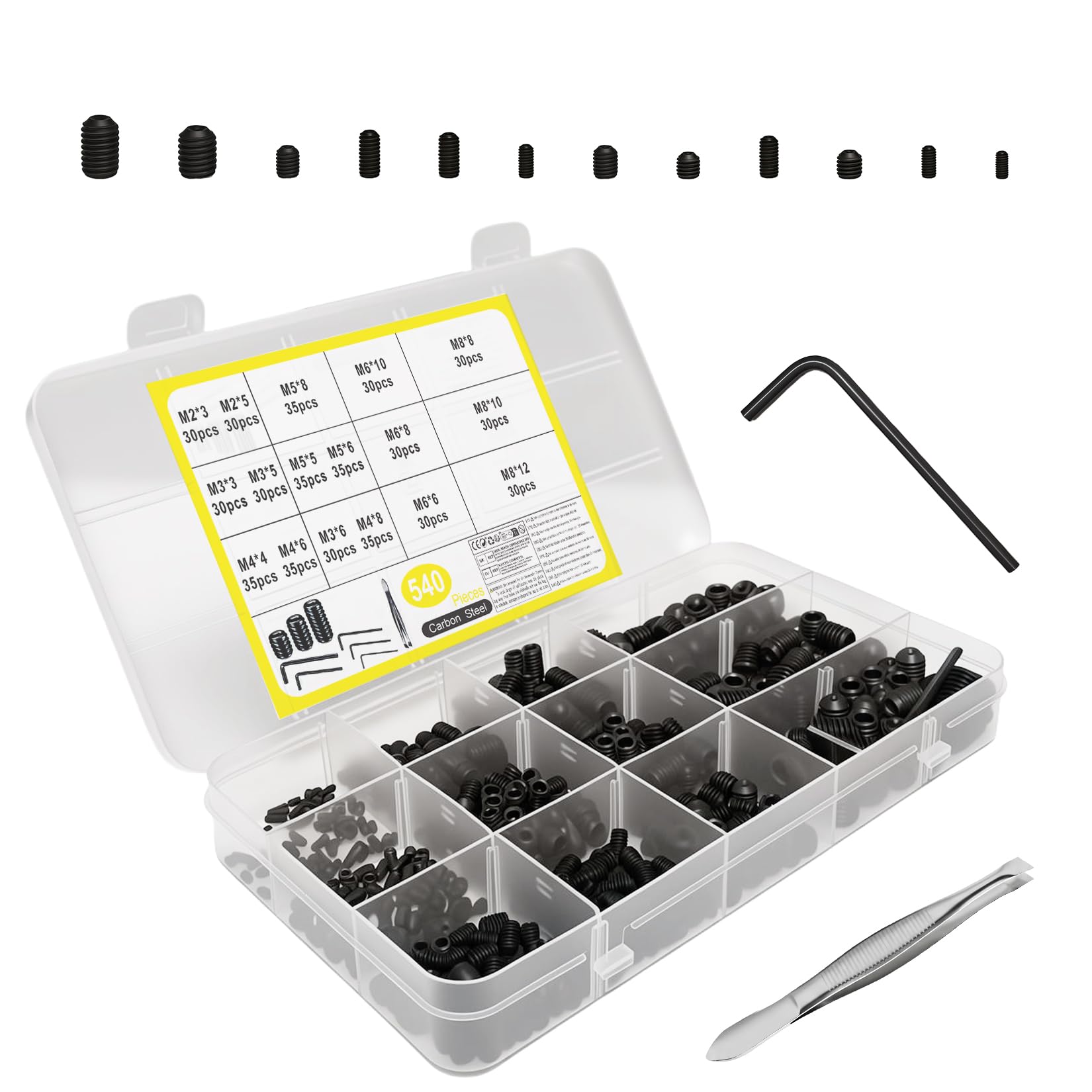 540 Pcs Grub Screws Assorted, Hex Head Grub Screws for Door Handles, Allen Key Screwss, Set Screw for Taps, Bathroom Fixtures, Home Repairs (M2 M3 M4 M5 M6 M8, Black)