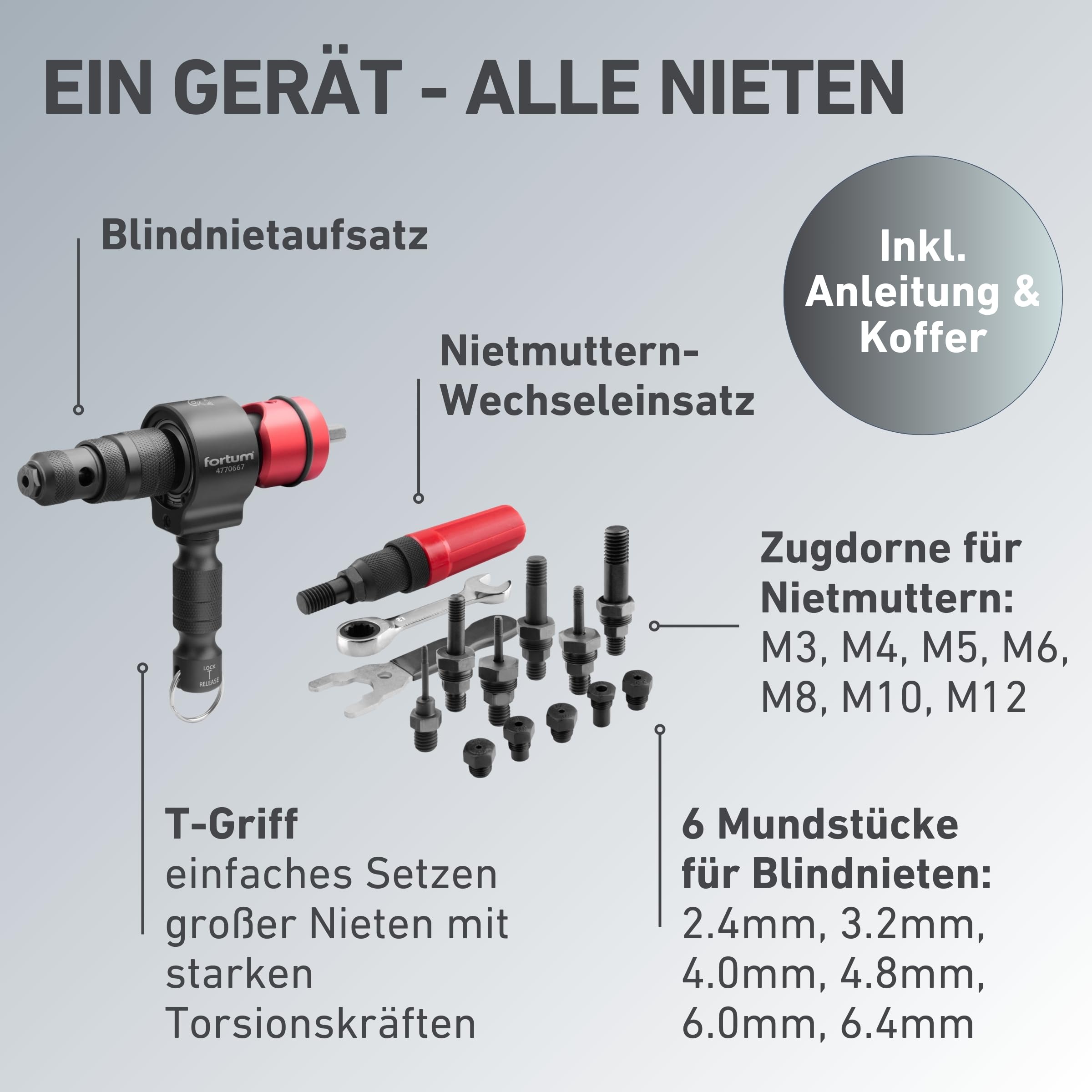 2-in-1 Nietaufsatz für Akkuschrauber & Bohrmaschine I Nietgerät für Blindnieten & Nietmuttern aus Alu, Stahl & Edelstahl I Blindnietvorsatz für 2,4-6,4 mm Nieten + M3-M12 Niet-Muttern