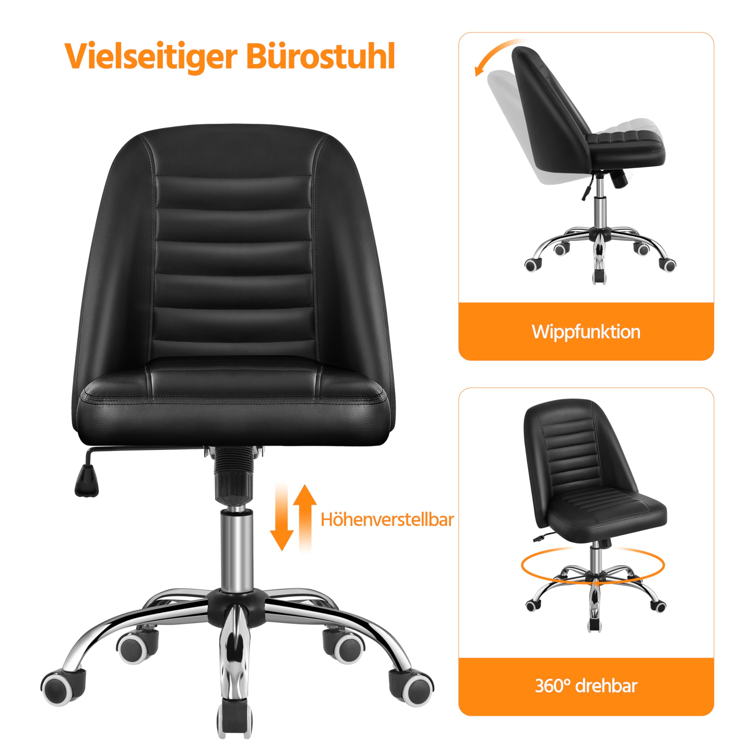 Yaheetech Bürostuhl ohne Armlehne Schreibtischstuhl Drehstuhl mit Rollen ergonomischer Schreibtischsessel höhenverstellbar Arbeitshocker Schminkstuhl Kunstleder Schwarz
