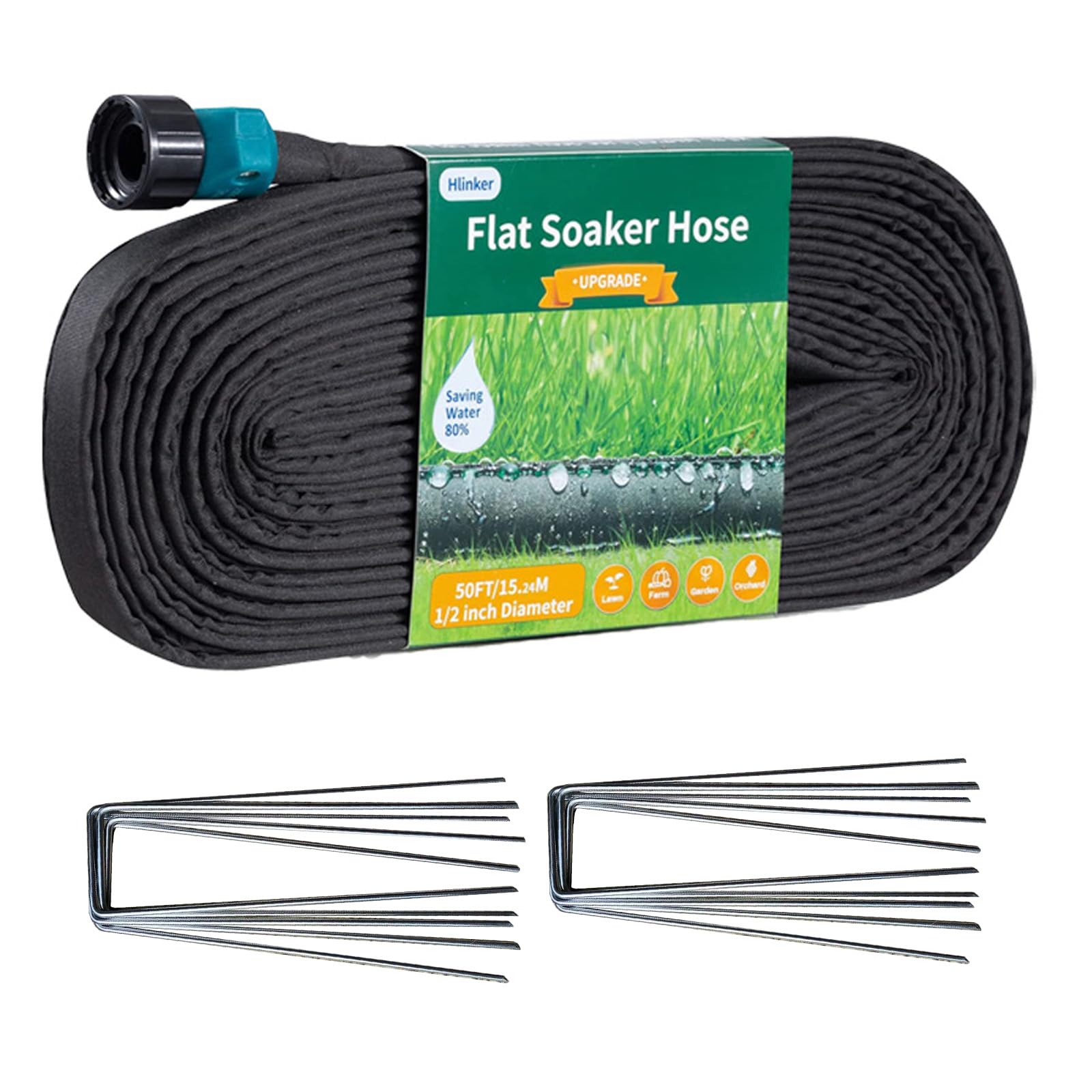 Hlinker 2025 Flat Soaker Hose 50 ft with Stake for Garden, Linkable Drip Hose Diy Automates Garden Irrigation System Saving 83% Water, Dual-layer