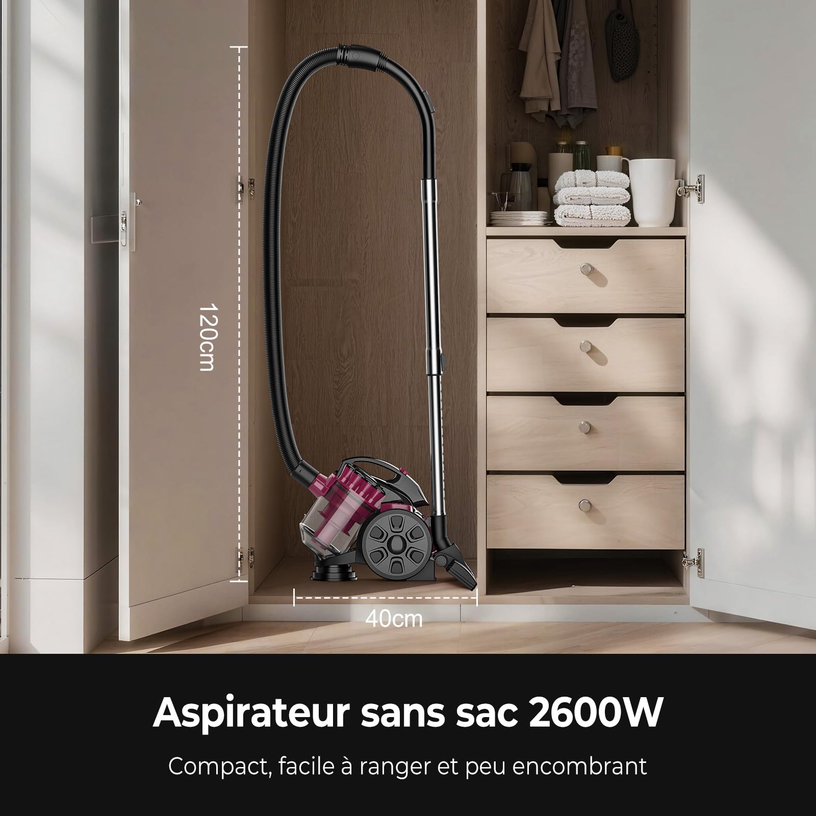 Aspirador sin Bolsa, 2600W, Potente Aspirador 21Kpa. Aspiradors Potente con Cable Portátil, Aspiradors con Bolsa Trineo Silencioso, Cable de 5 m, Motor de Bajo Consumo, Alfombras de Pelo de (1.5L)