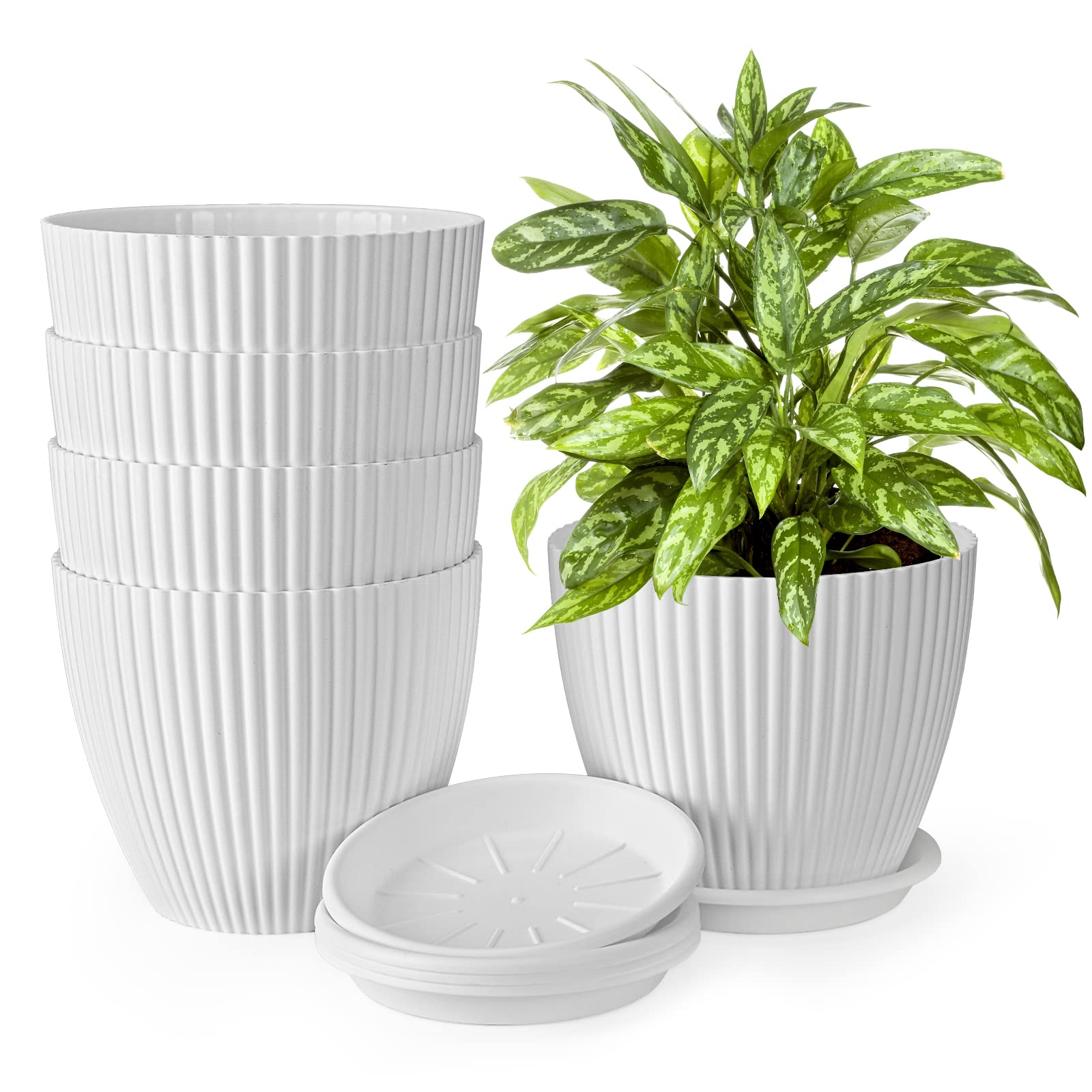 Buy 7.5 inch Pots, Set of 5 Plastic Flower Pots with Saucers, Modern