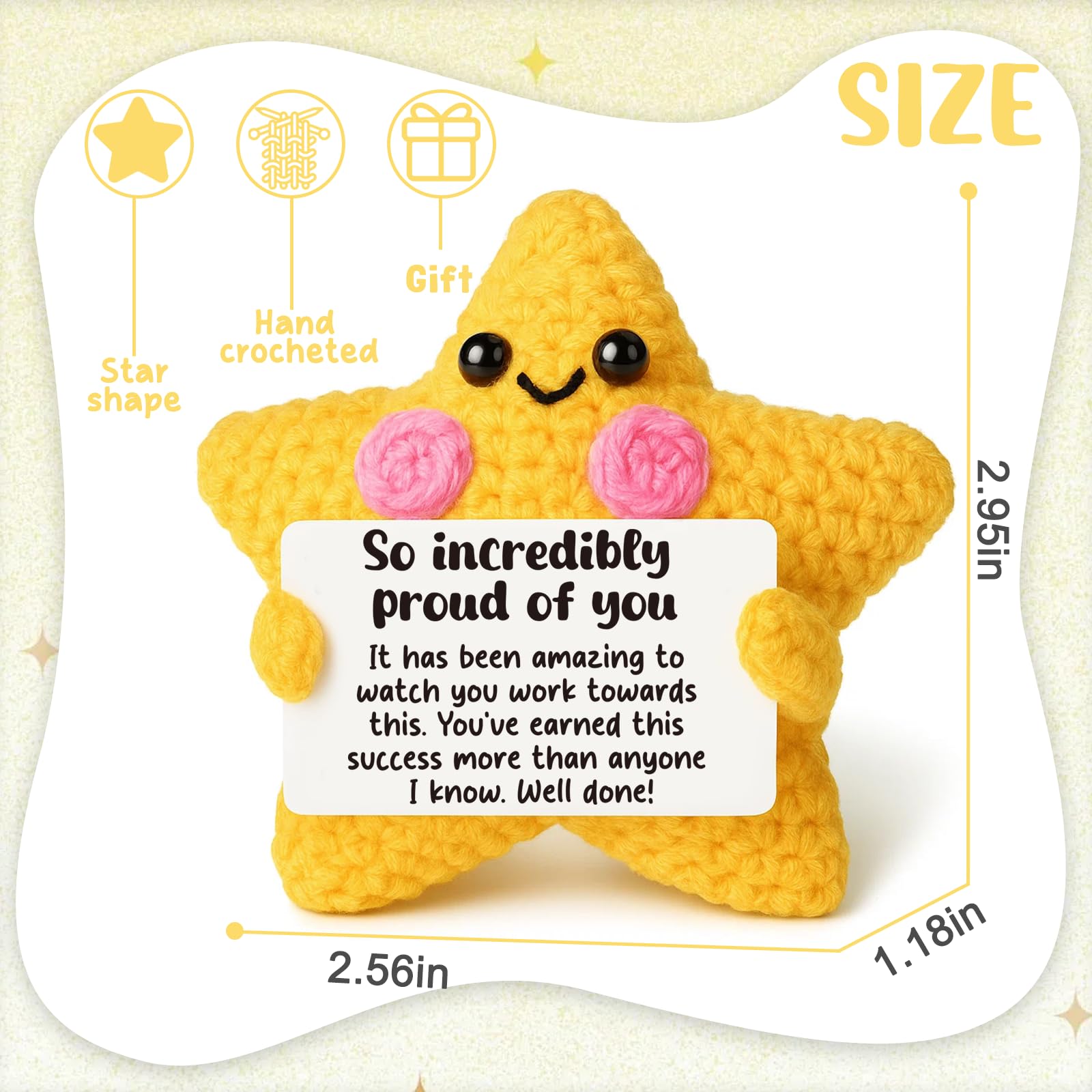 Congratulations Gift for Men Women - Crocheted Star with Motivational Message - Proud of You, Graduation, New Job, Promotion Gift for Son Daughter Friend - Unique Encouragement Keepsake & Desk Decor