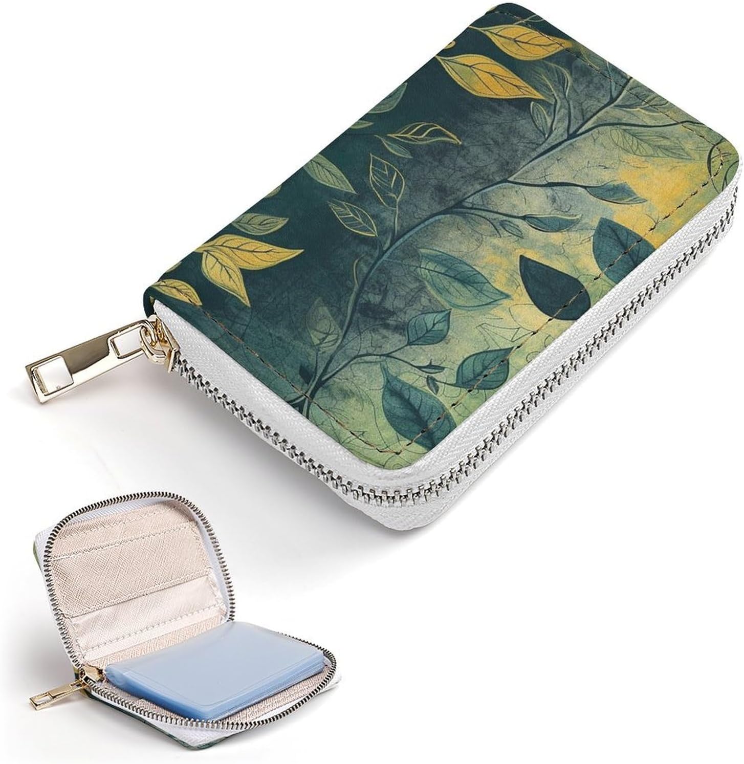 Leather Card Organizer Case Card Wallet Credit Card Holder Light Green Leaves Printed Zipper Card Cases Holder for Women Men
