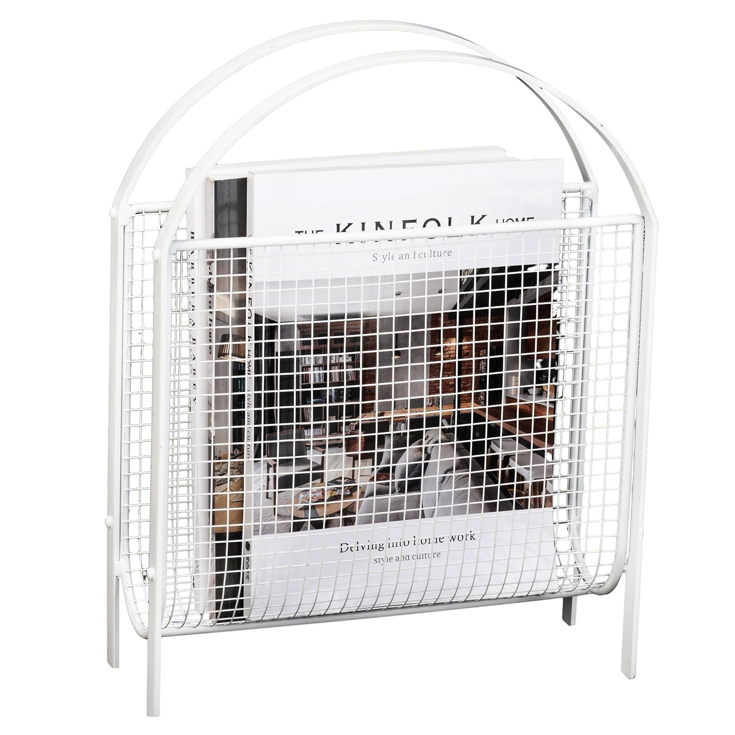 Photo 1 of MyGift White Metal Mesh Magazine Rack, Mid Century Freestanding Holder