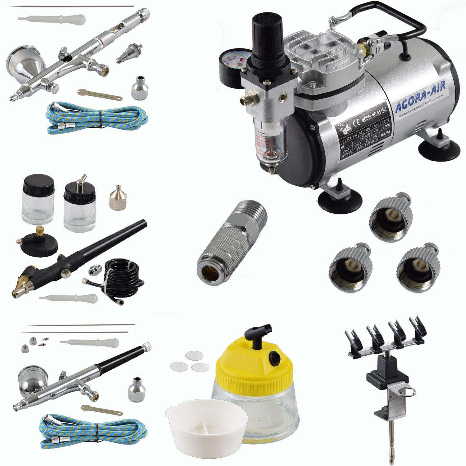 Agora-Tec® Airbrush Set EXPERT V.13 mit Kompressor 4 bar/20 l/min + 3 Pistolen inkl. Nadeln/Düsen 0,2/0,3/0,5/0,8 mm + 3 Schnellkupplungen + 4-fach Halter + Clean Pot + 2 Schläuche + Adapter