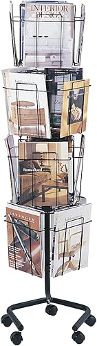 Safco Soporte giratorio de alambre para revistas, estante de exhibición de metal con 16 bolsillos, organizador rodante de 4 niveles, acabado con