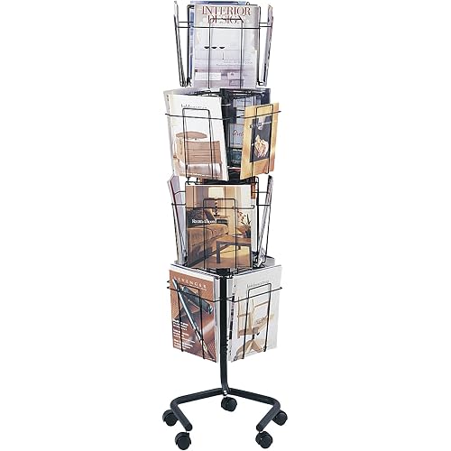 Safco Rotating Wire Magazine Holder, Metal Display Rack with 16 Pockets, 4 Tier Rolling Organizer, Powder Coat Finish, 5 Casters, Charcoal