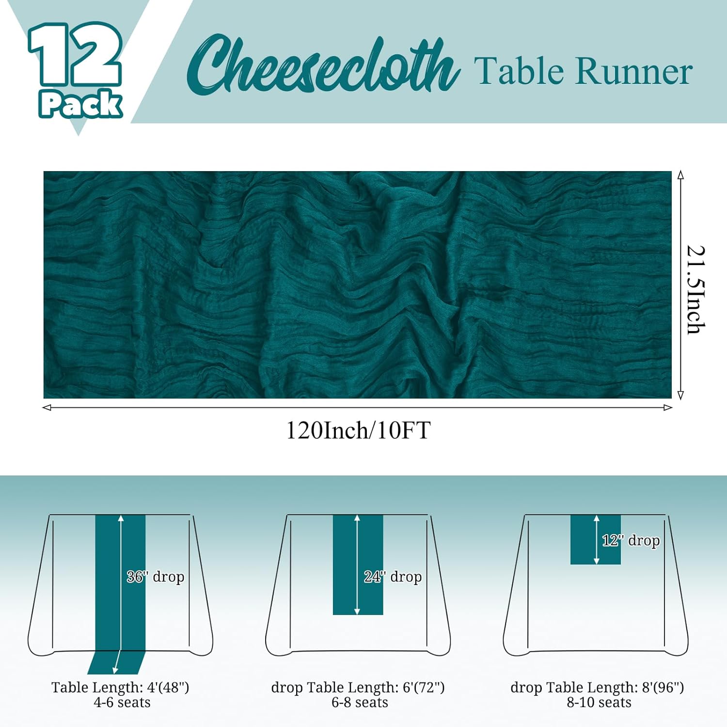 12 Pack Teal Table Runner 10Ft Cheesecloth Table Runner Rustic Gauze Table Runners Romantic Long Sheer Fabric Cheese Cloth Table Runners for Wedding Party Bridal Baby Shower
