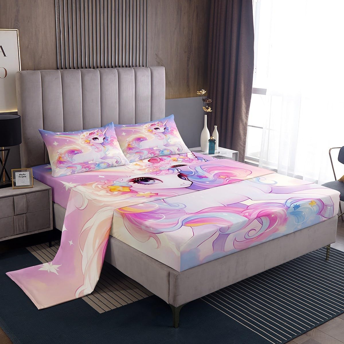 Manfei Unicorn Bed Sheet King Set,Dreamy Animal Horse Watercolor Floral Sheet Sets Room Decoration,Fantasy Rainbow Starry Sky Pink Purple Bedding Set with Flat,Fitted Sheet,2 Pillow Cases
