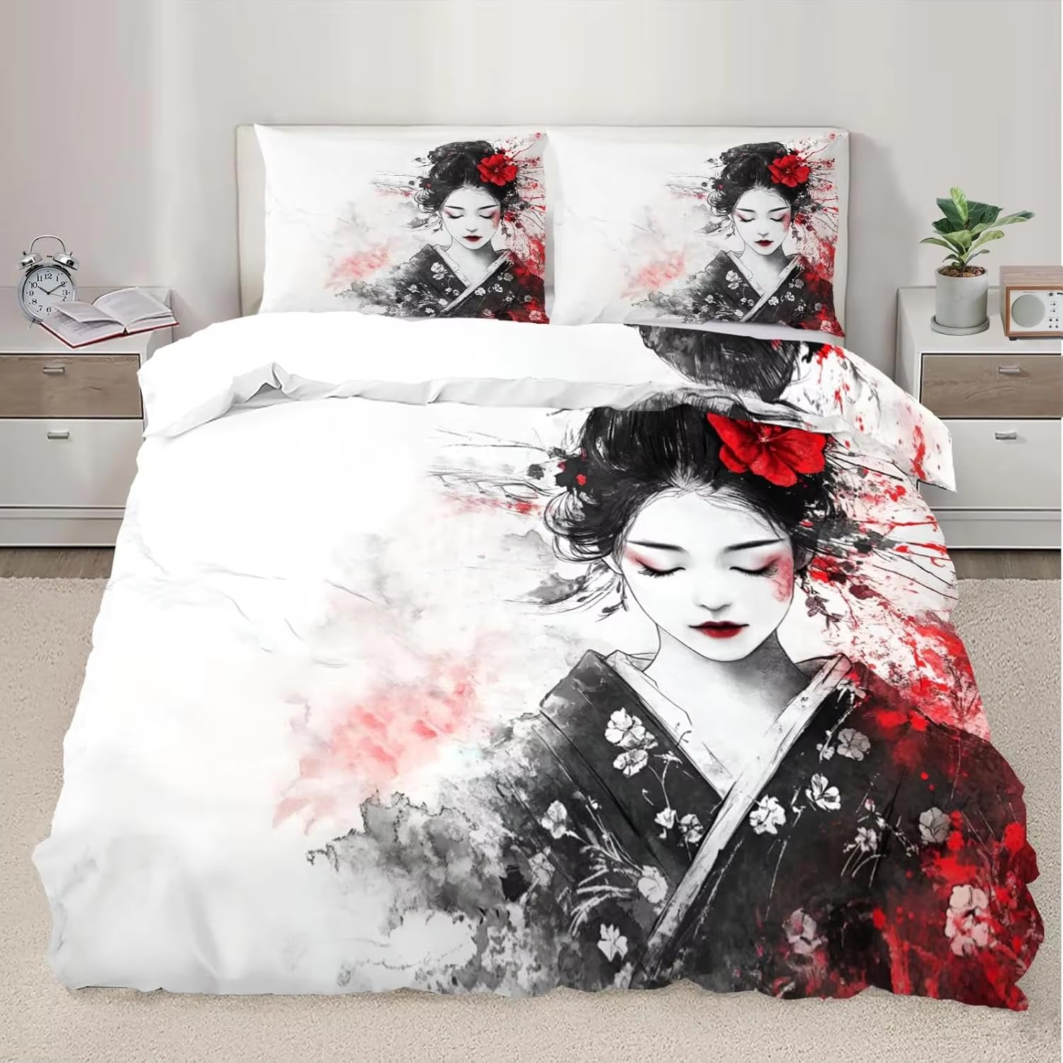 Komplet pościeli 220x240 dla dorosłych japońskie kimono poszwa na kołdrę 2 osoby z zamkiem błyskawicznym i 2 poszewkami na poduszki 65x65 cm - Miękka oddychająca poszwa na kołdrę z mikrofibry