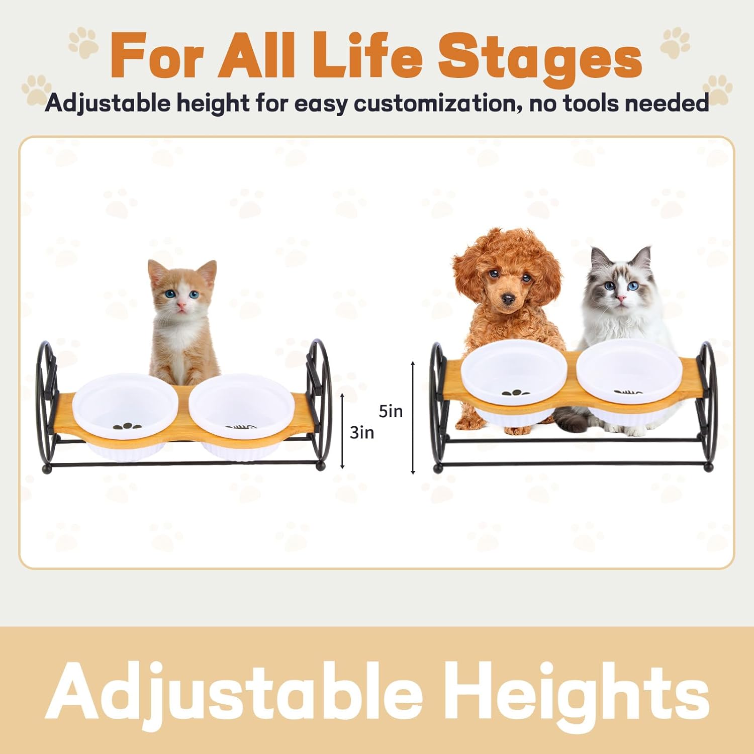 Elevated Adjustable Cat Bowl Set with 2 Dishes for Cats & Small Dogs - Anti-Vomiting,15° Tilted and Rasied Bowls with Non-Slip Design, Food-Grade Ceramic, Easy to Clean