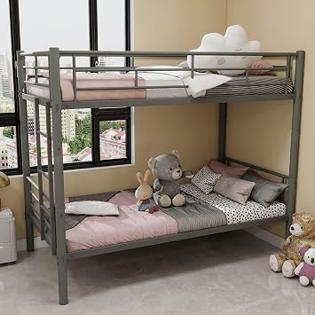 Twin Over Twin Metal Bunk Bed, Convertible to 2 Separate Beds, Heavy Duty Steel Frame with Ladder & Guardrail, No Box Spring Needed, Easy Assembly, Silver