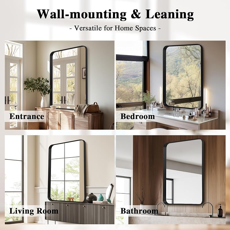 LunaMirror Fekete Fürdőszobai Tükör 50x75 cm - Modern Alumínium Kerettel, Fali Tükör Hálószobába, Nappaliba, Előszobába