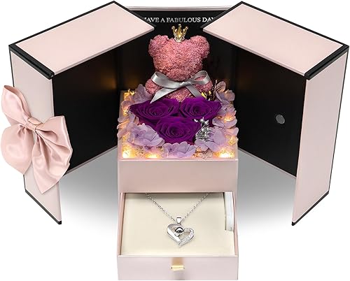 Miniatura 9 de Regalos para el día de San Valentín para mujer flores rojas preservadas regalos de rosas con bonito oso para mamá regalos románticos para ella