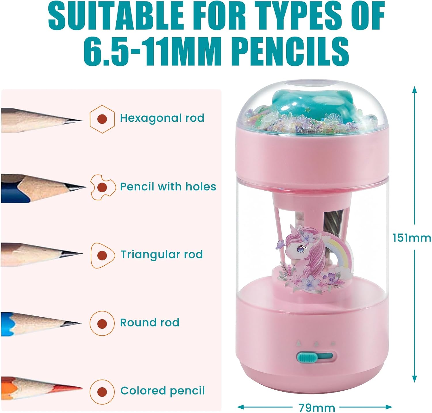 Electric Pencil Sharpener(6-11mm), Fully Automatic Colored Pencil Sharpener for Kids with Auto in & Out Rechargeable Sharpener for Classroom//Office/Home Kids Gift